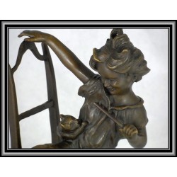 Child on Chair with Cat Statue Figurine Bronze