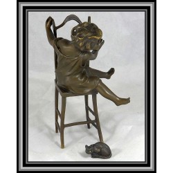 Child and Cat on chair Statue Figurine Bronze