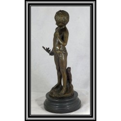 Boy statue figurine holding stick and birds bronze