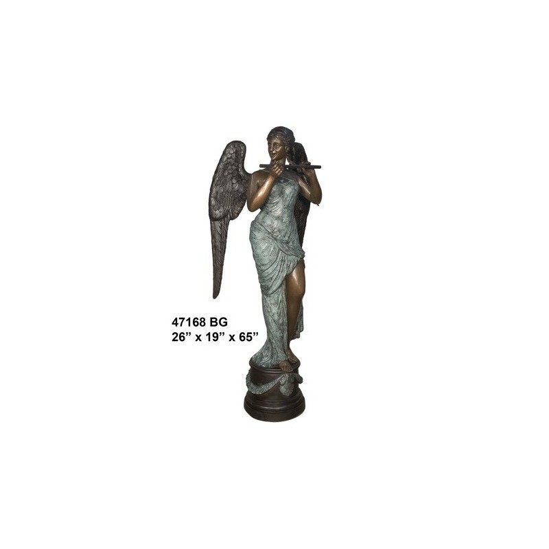 ANGEL FEMALE PLAYING FLUTE STATUE BRONZE