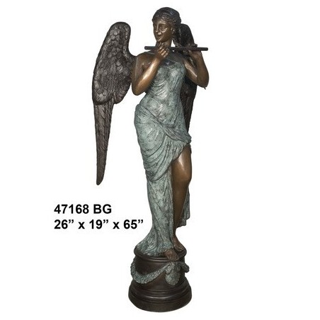 ANGEL FEMALE PLAYING FLUTE STATUE BRONZE