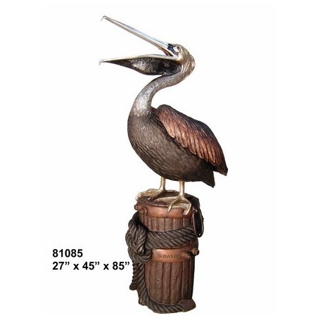 PELICAN ON STUMP MOUTH OPEN STATUE