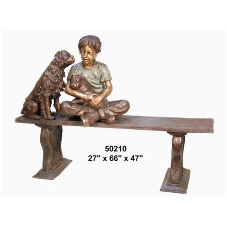 BOY AND HIS DOG ON BENCH OUTDOOR STATUE