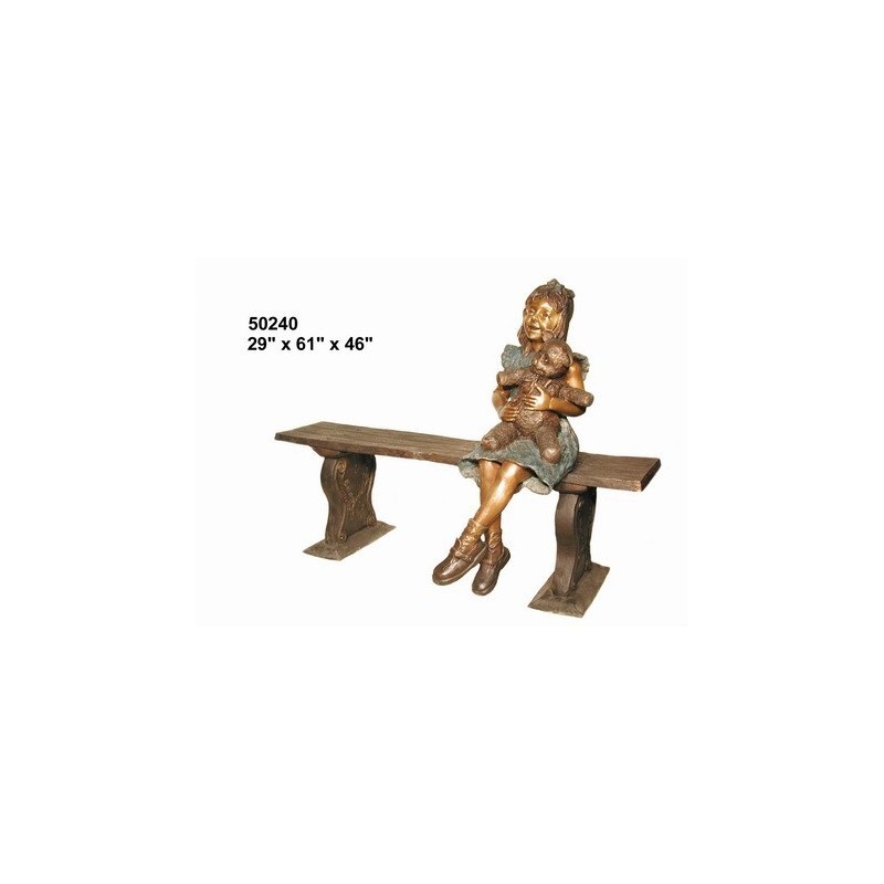 GIRL AND TEDDY BEAR SITTING ON BENCH STATUE