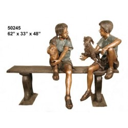 GIRL BOY AND DOG ON BENCH BRONZE STATUE