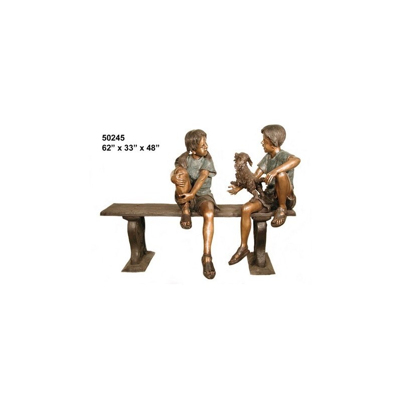 GIRL BOY AND DOG ON BENCH BRONZE STATUE