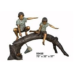 BOYS FISHING WITH NET ON A LOG STATUE